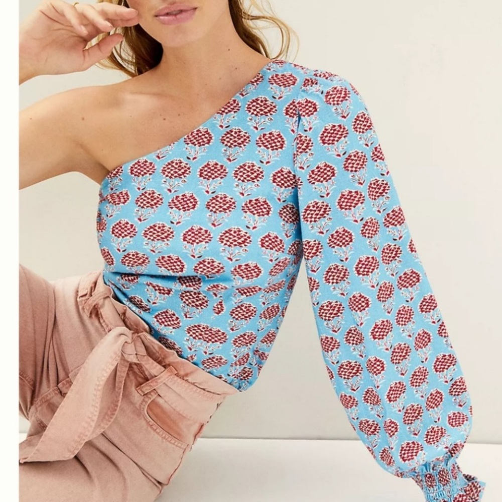 Anthropologie One-Shoulder Puff-Sleeve Top in Light Blue and Red Floral